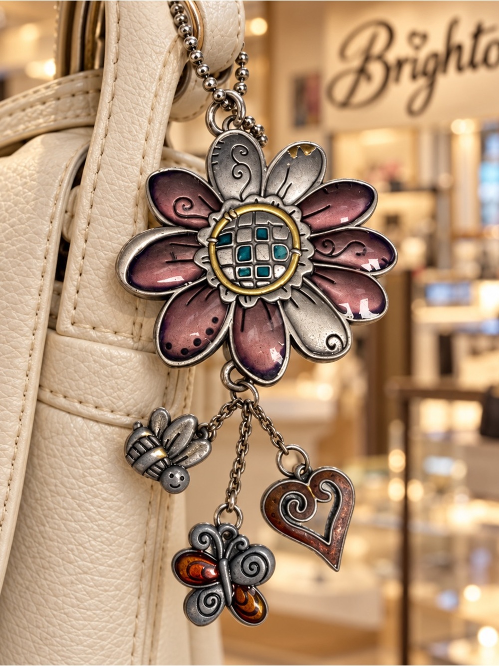 Brighton Pink and Silver Flower Pendant Key/Charm Holder
